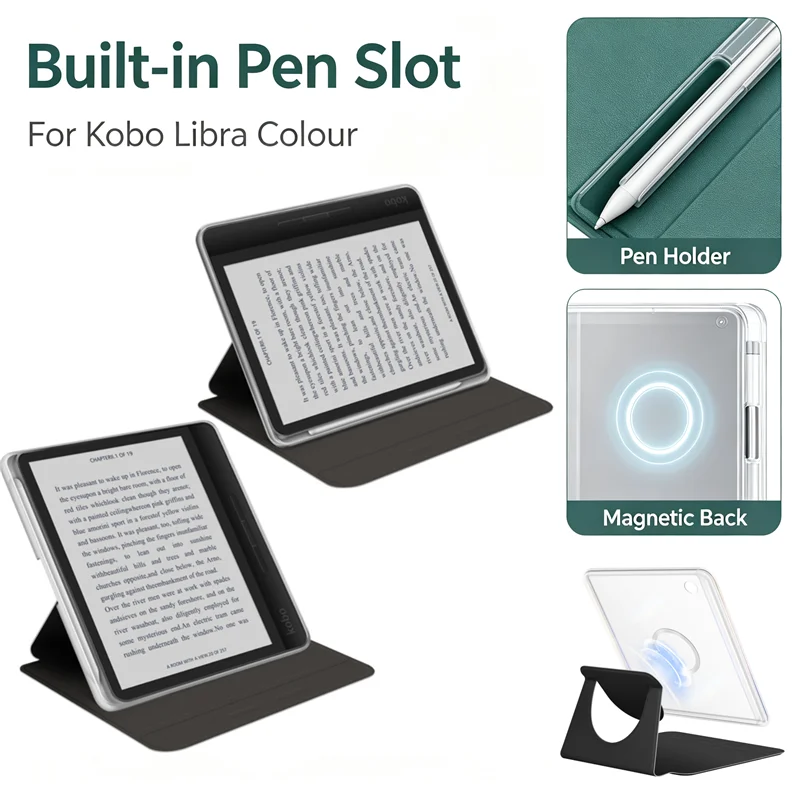 Magnetic Detachable E‑Reader Case for Kobo Libra Colour Color N428 7'' With Stylus Slot Stand PU Leather Auto Wake Sleep Shell