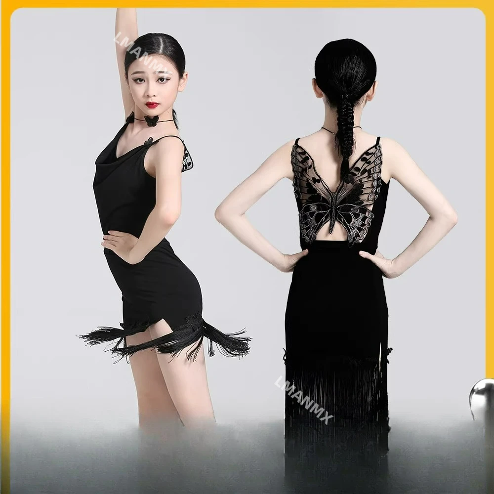 

Платье для латинских танцев на бретелях, новое летнее детское платье для танцевальной практики, комплект с разрезом, платье для соревнований, правила