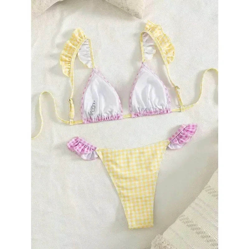 Spring/Summer Ladies Sexy Pink and Yellow Checkered Ruffle Trim Bikini Two-piece Set for Beach Vacationsjv - Image 6