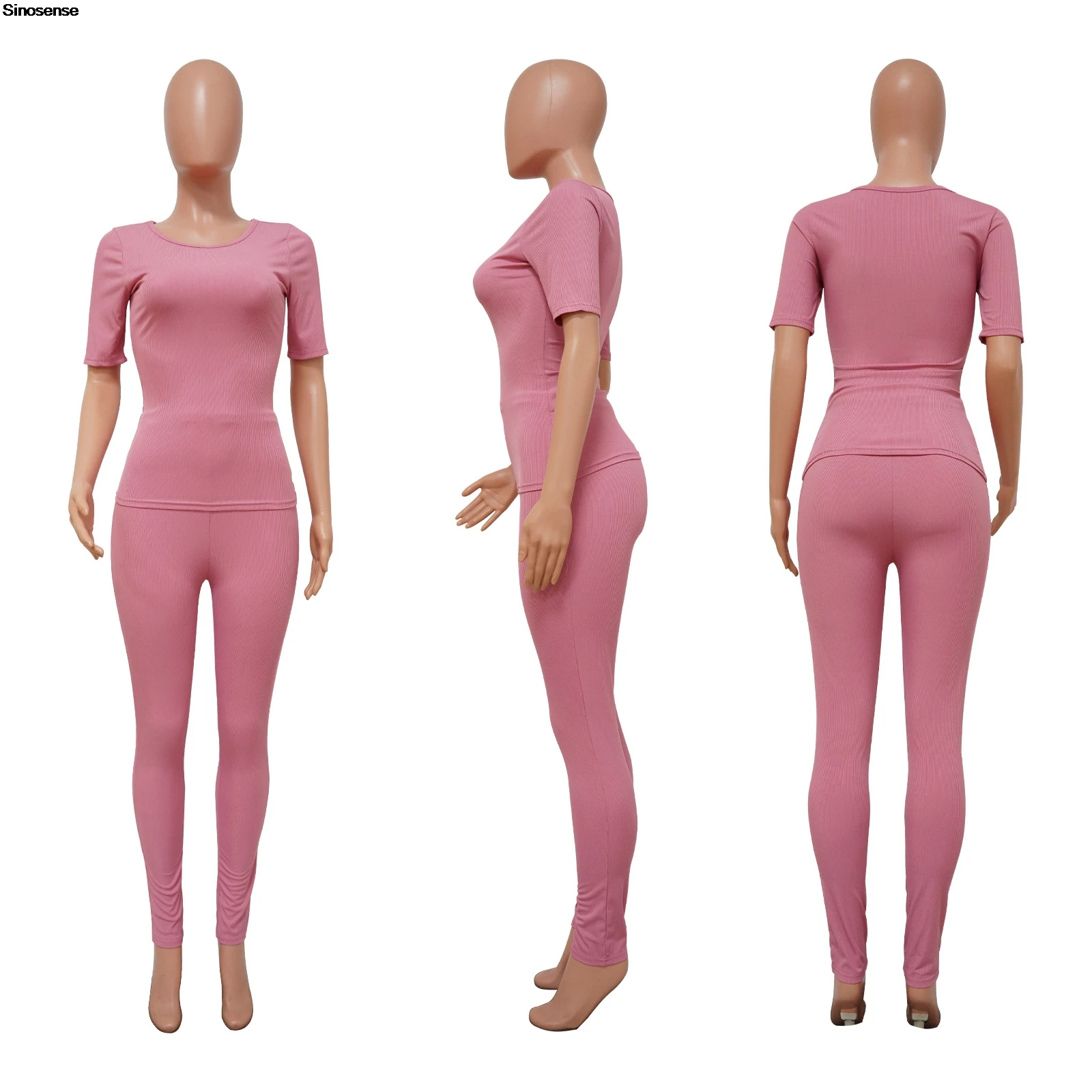 Sexy Knitted Ribbed 2 Two Piece Set Tracksuit Women Short Sleeve T Shirt+Leggings Matching Suits Workout Sports Stretchy Outfits