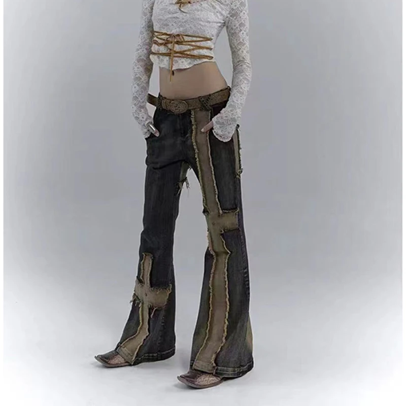 Y2K مضيئة الجينز النساء خمر الجرونج الصليب المرقعة واسعة الساق الدنيم السراويل Harajuku الشارع الشهير القوطية منخفضة الخصر غسلها بنطلون