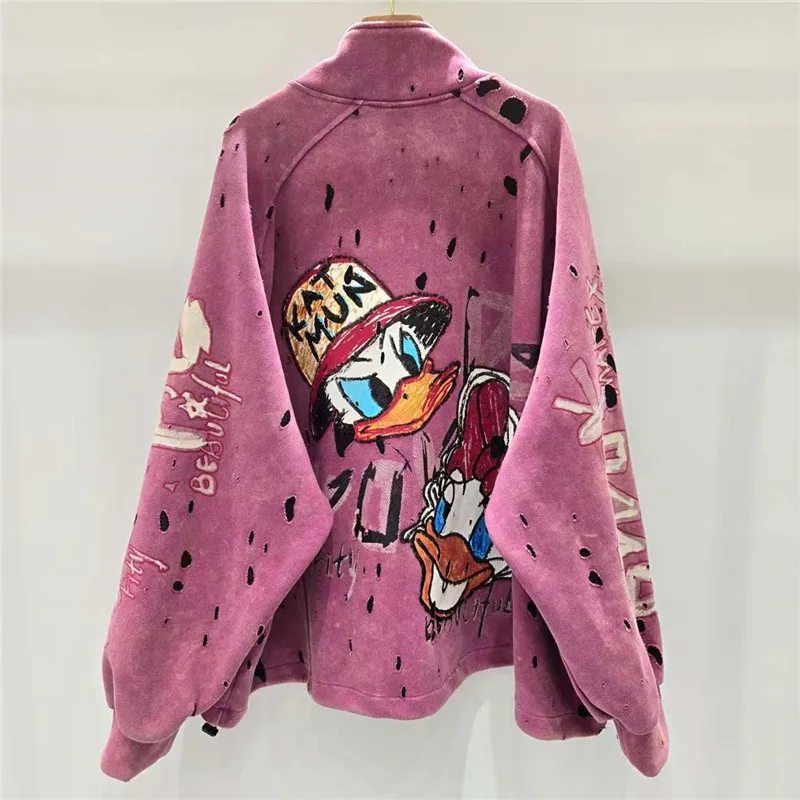 유럽 2025 가을 에디션 루즈핏 중대형 컬러 패치워크 만화 패턴 야구 재킷