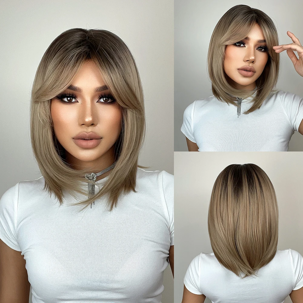 Synthetic Wigs with Bangs Brown to Blonde Ombre Medium Length Straight Bob Wigs for Women High Temperature Daily Use Wig