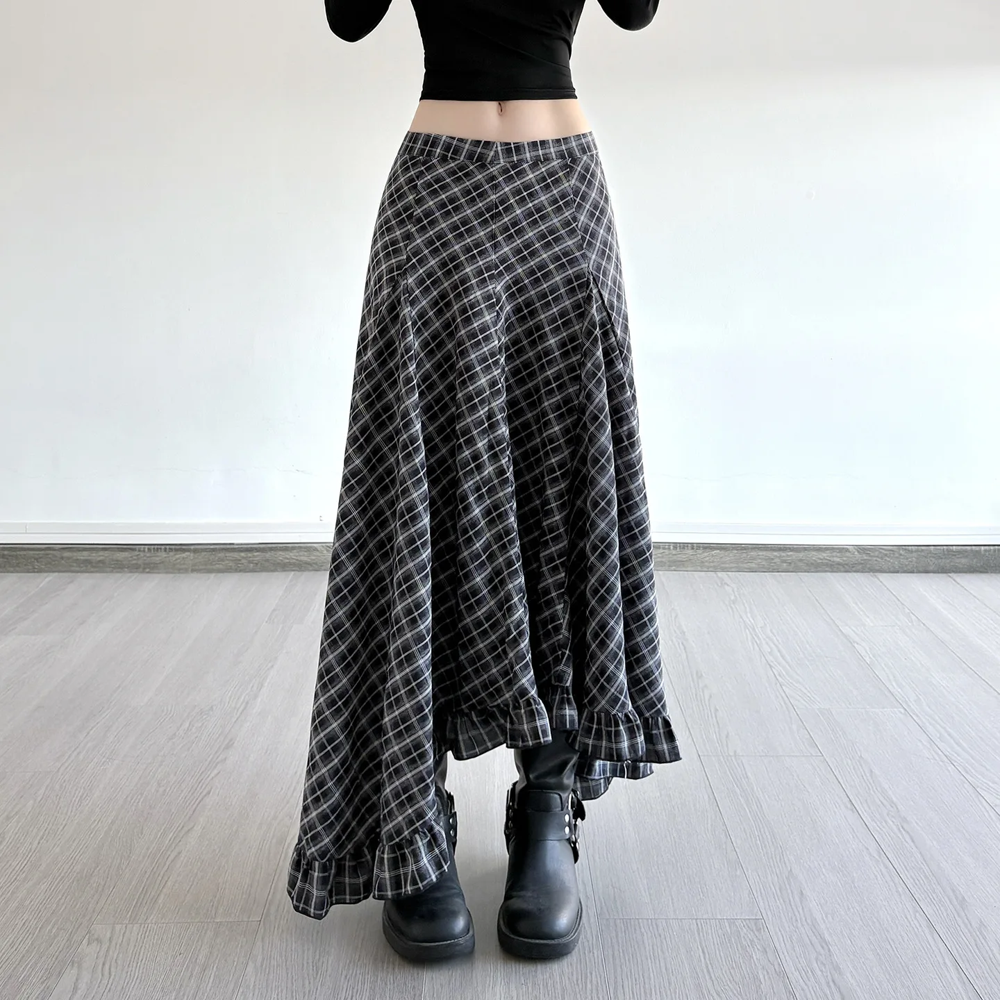 

College style autumn new retro plaid irregular hem overskirt female drape elegant spice girl high waist dress