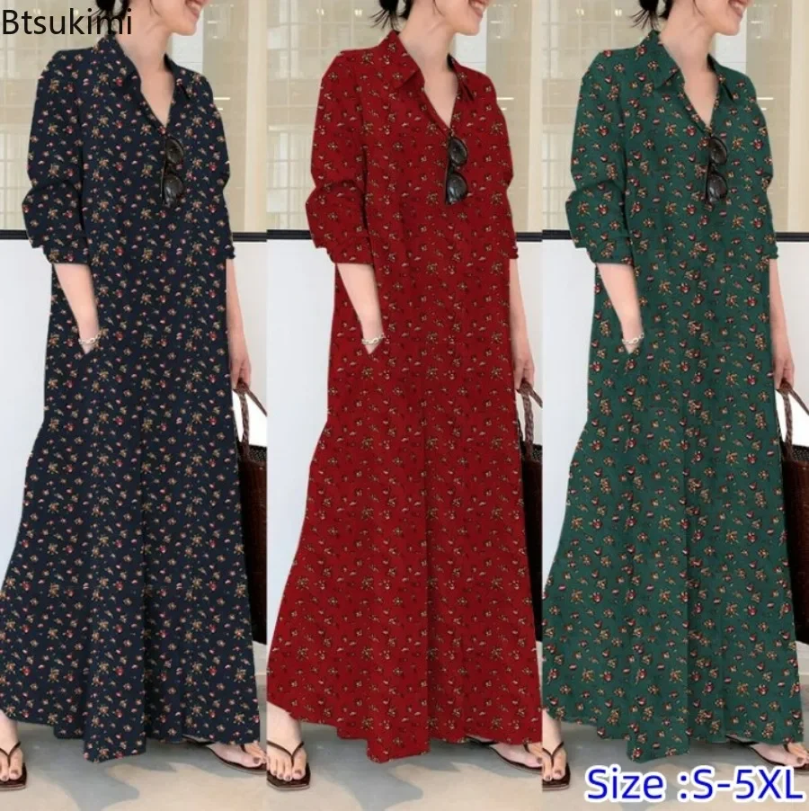 

2025 Women's Plus Size Casual Dress Turn-down Collar Long Sleeve Loose Waist Printing Dress for Women Vintage Dress Female 5XL