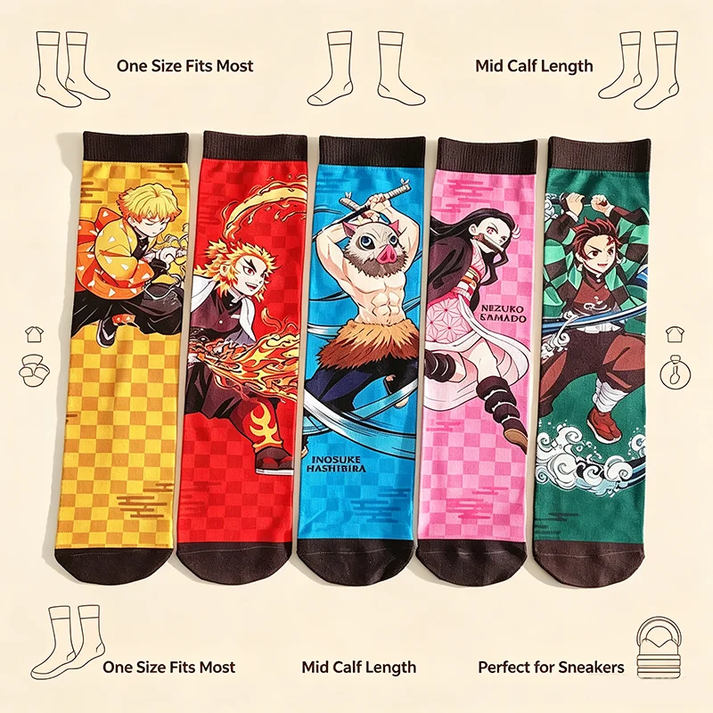 Anime-Dämon-Charakter-Print Crew-Socken, Cartoon-Grafik Wadensocken, Modische Baumwollsocken Geschenkset für Männer und Frauen, Cosplay-Party