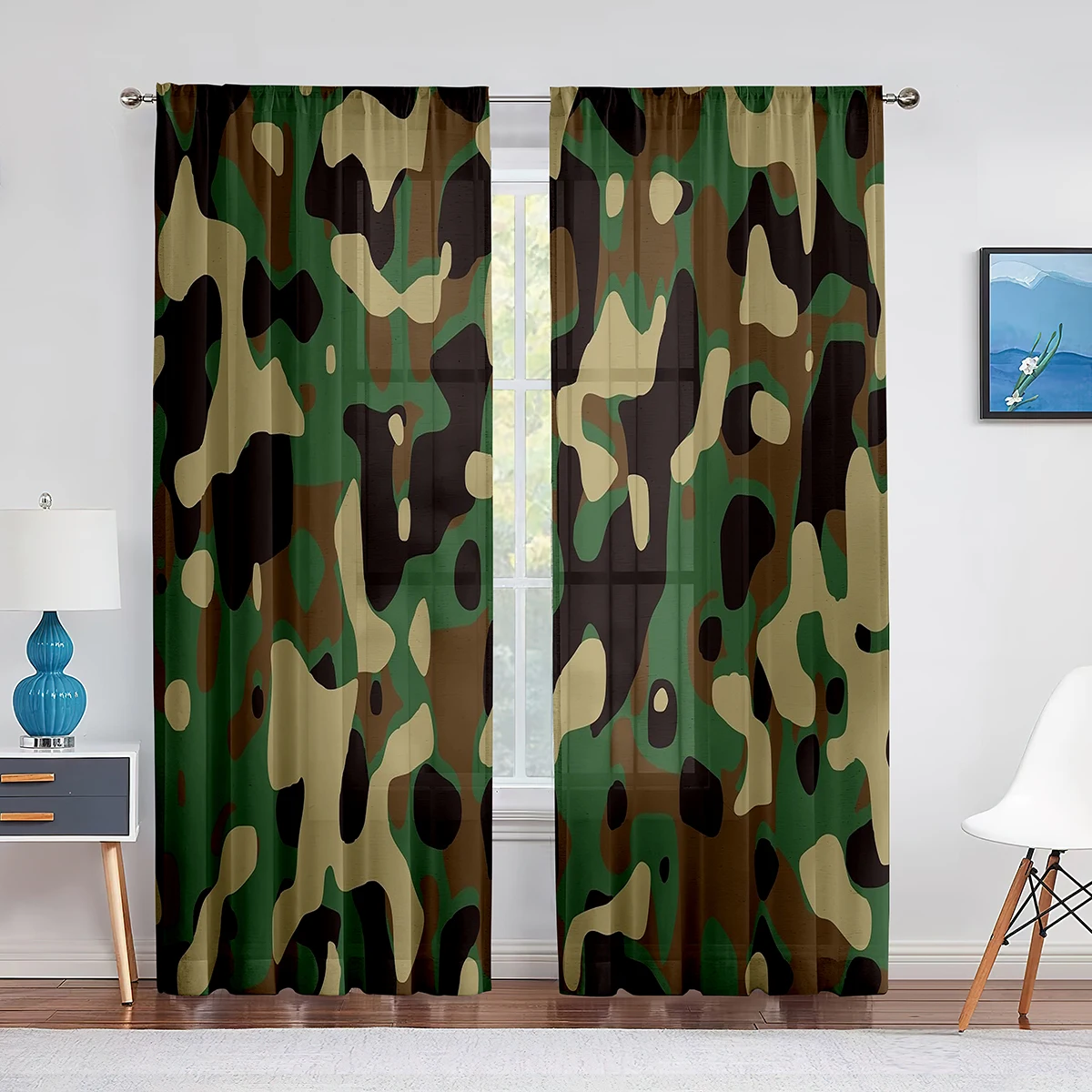 Military Green Camouflage Woodland Camo Brown Tulle Curtains for Living Room Kitchen Bedroom Sheer Voile Curtain Window Drapes