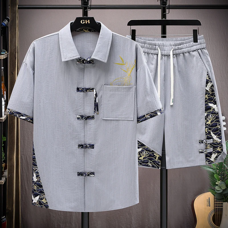 Conjuntos de verano para hombre, camisa de manga corta con estampado de moda, pantalones cortos, conjunto suelto de estilo chino, conjunto de 2