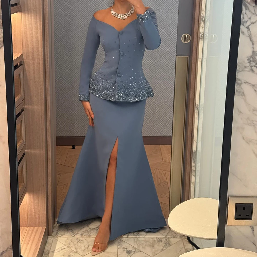

Customized A-line Evening Dresses Floor-length Off The Shoulder Full Sleeve Prom Gown Fashion Sequined Simple Draped Party Gown
