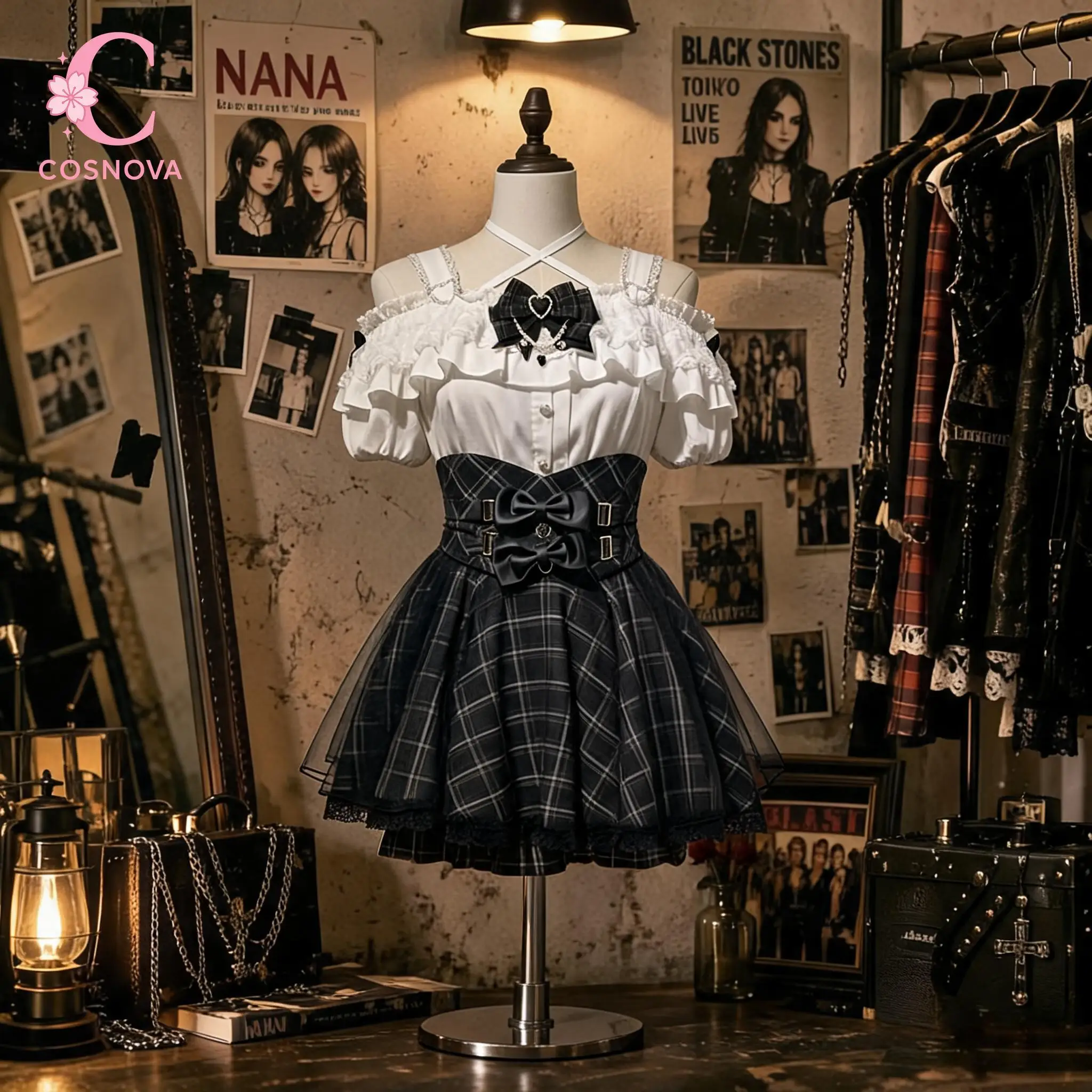 Jirai Kei 2pcs Set Women Off Shoulder Puff Sleeve Top High Waist Plaid Skirt Bow Heart Lace Trim Harajuku Kawaii Fashion Outfit