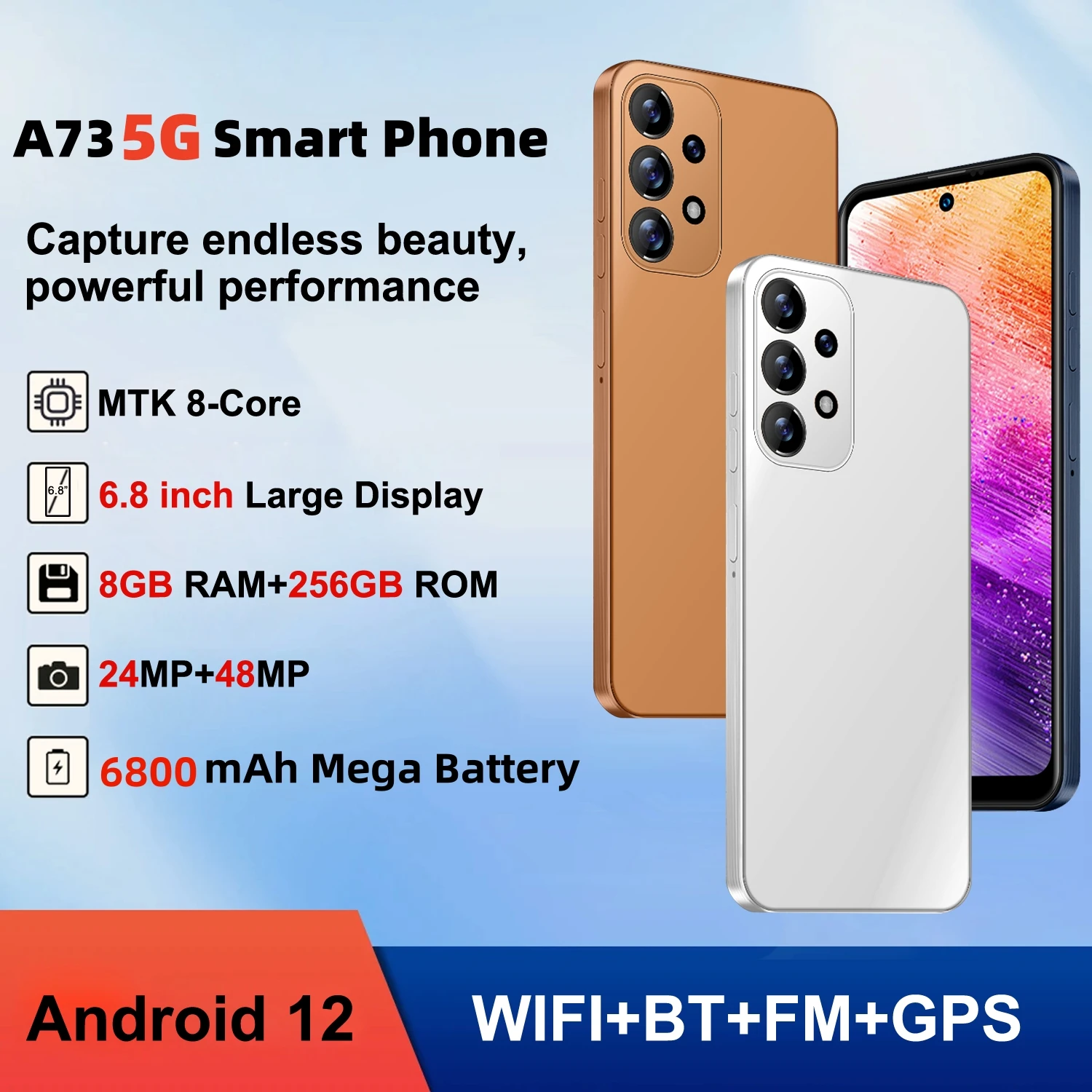 هاتف ذكي A73 5G، 6.8 بوصة، ذاكرة وصول عشوائي 8 جيجابايت، 256 جيجابايت 512 جيجابايت، شريحة اتصال مزدوجة، هاتف محمول، متجر جوجل بلاي، 24+48 ميجابكسل، 6800 مللي أمبير في الساعة، هواتف محمولة