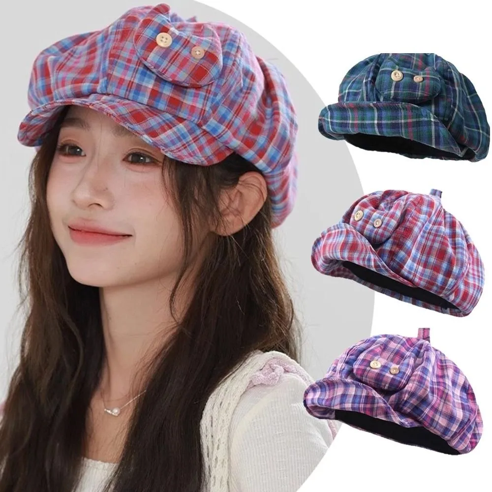 

Japanese Button Cat Head Plaid Decorative Painter Hat Spring and Summer Outdoor Short Brim Shading Casual Octagonal Newsboy Cap