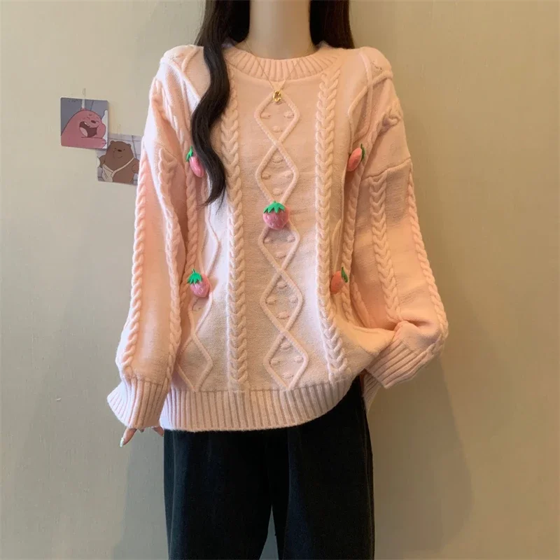 2024 New Autumn Winter Women Loose Pullover Sweater High Quality Sweet 3D Strawberry Argyle Twisted Knitted Sweater