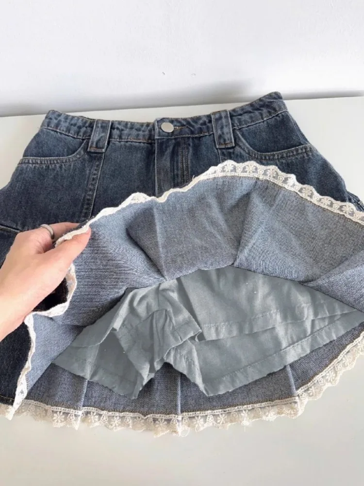 DEEPTOWN Vintage Pleated Denim Skirt Women American Retro High Waist A-line Lace Patchwork Sexy Mini Jeans Skirt 2024 Summer