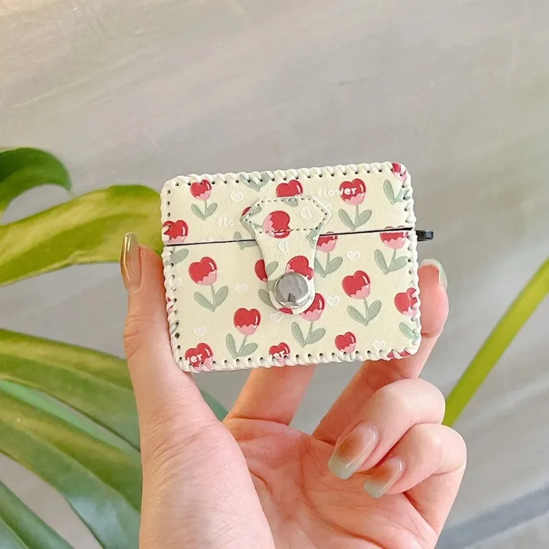 Étui carré en cuir Cortex Tulip Flower pour Apple, housse de protection pour écouteurs, AirPods Pro 2, 1, 2, 3, 2 en 1