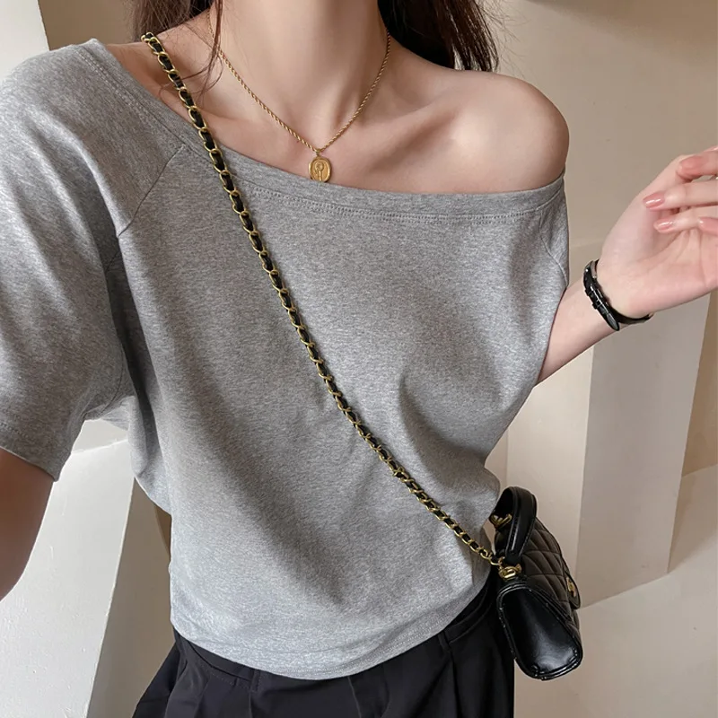 

One-shoulder Exposed Off-shoulder Gray Loose Short-sleeved Women's Outerwear High-end Casual Spring Summer Shoulder-falling Top