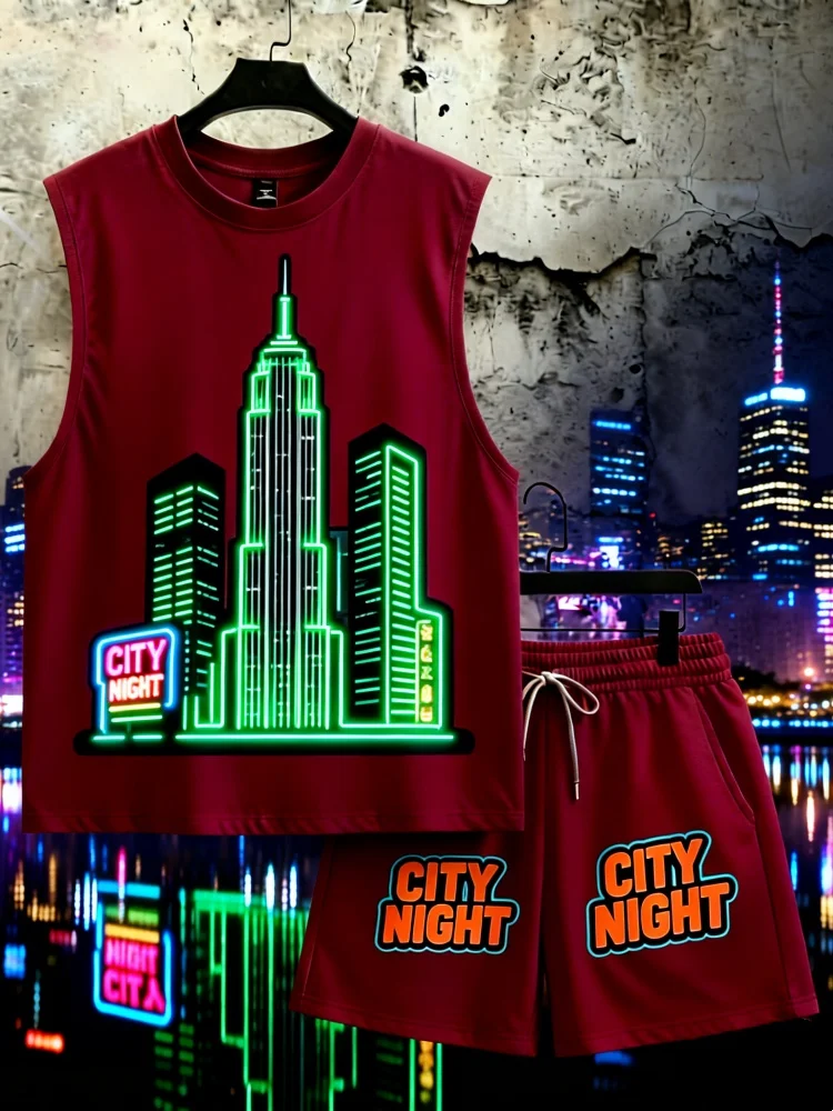 

Men's Neon City Night Print Sleeveless Tank & Shorts Set, Loose Comfort Streetwear Outfit