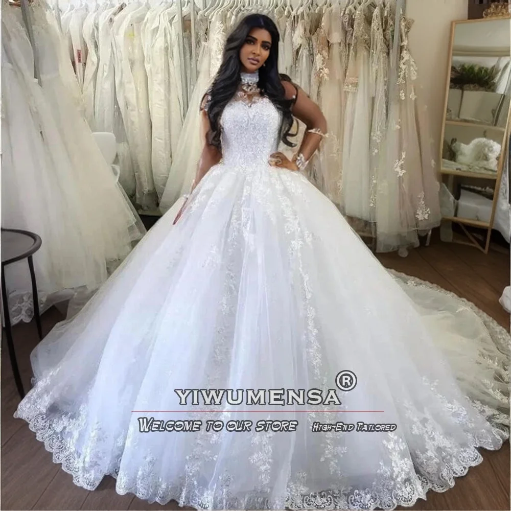 

Classic Princess Ball Gown Wedding Dresses Custom Made White Applique Skin Full Sleeves Bridal Gowns Women Formal Party Clothing