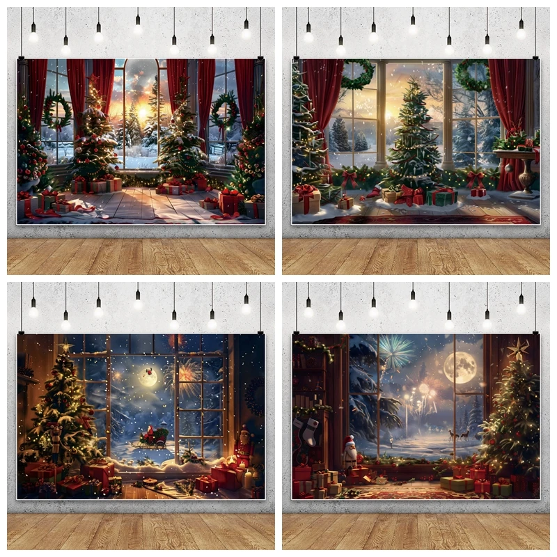 

AI Scene Christmas Window Party Backdrop for Photography Xmas Tree Gift Candy Family Baby Portrait Background Decor Photo Studio