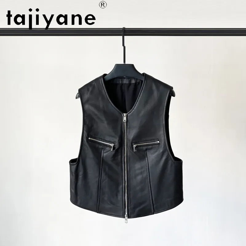 TAJIYANE Real Leather Jacket Women Round Neck Veste Femme Short Sheepskin Motorcycle Jackets for Woman Sleeveless Coat Jaqueta