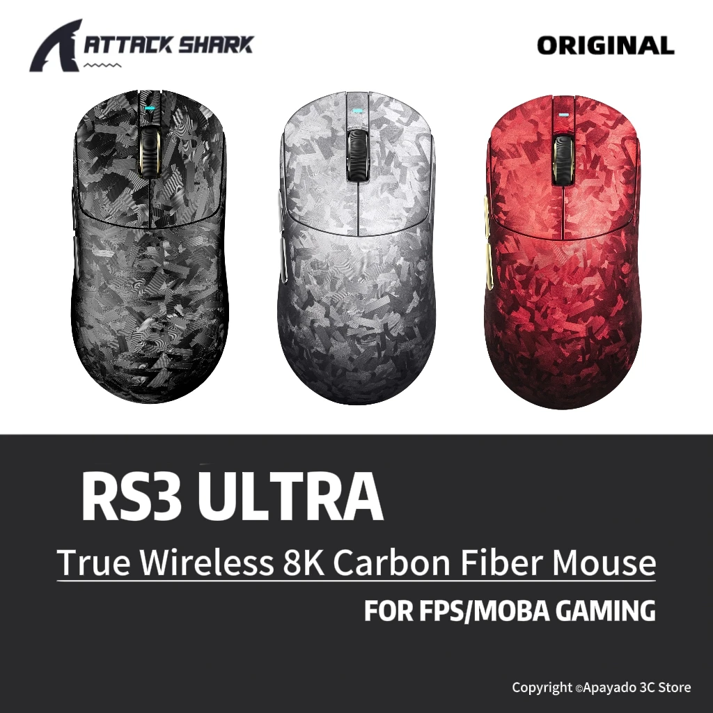 ATTACK SHARK RS3 ULTRA Wireless Gaming Mouse - 8K Polling PAW3955MAX Sensor 52000 DPI Carbon Fiber Ultra-Light for Pro Esport