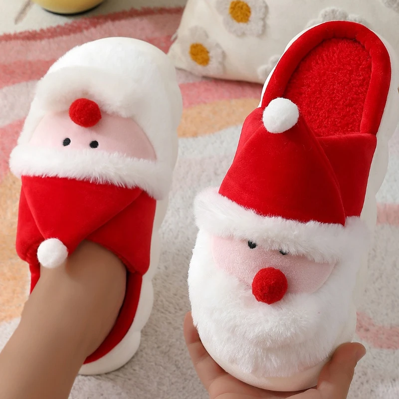 

Cute Cartoon Christmas Snow Man Cotton Slippers For Women Men Winter Warm Shoes Soft Plush Couples Indoor Fluffy Slipper