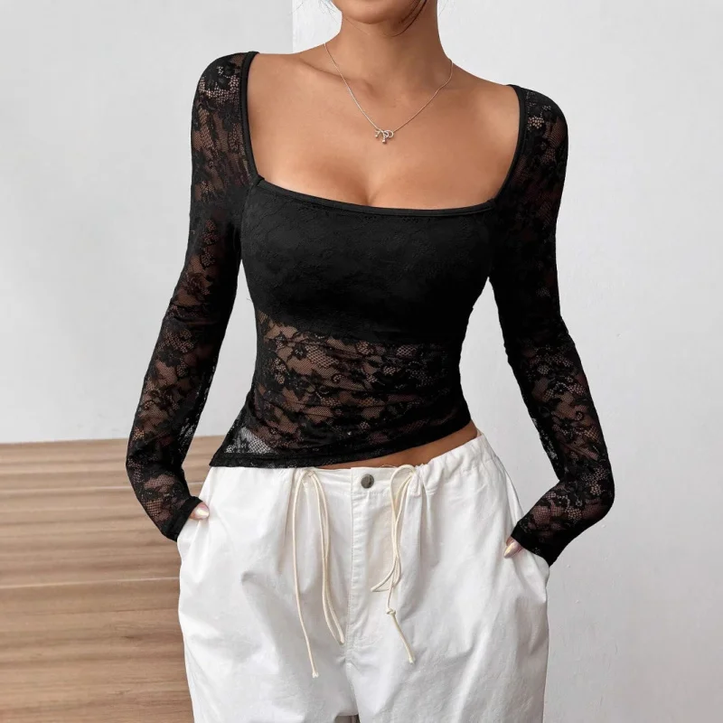 

European and American New2025New Elegant Women's LaceUAsymmetric Hem Design Long SleeveTWomen's-shirt