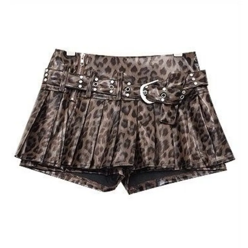 Sexy Leopard Printed Pu Leather High Waist Pleated Skirt for Women