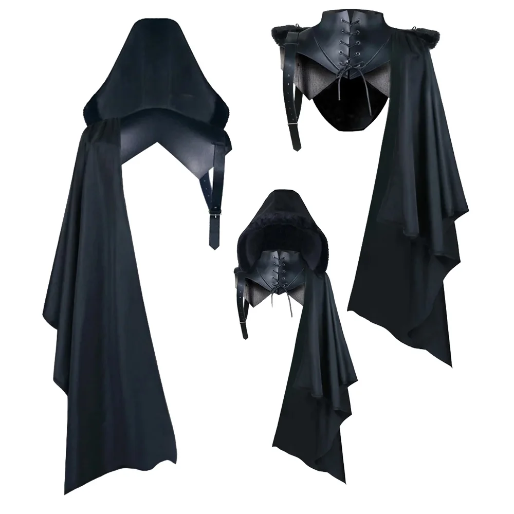 Adult Retro Medieval Vintage Cosplay Shawl Viking Stand-up Collar Tied Cloak Cape with Hat Halloween Carnival Party Fancy Suit