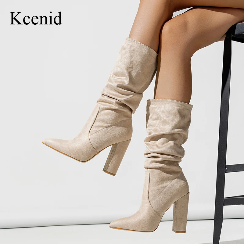 

Kcenid Size 35-42 Fashion Pleated Autumn Winter Ankle Boots For Women Square Heel Pointed Toe Boots Women Mid Calf Shoes