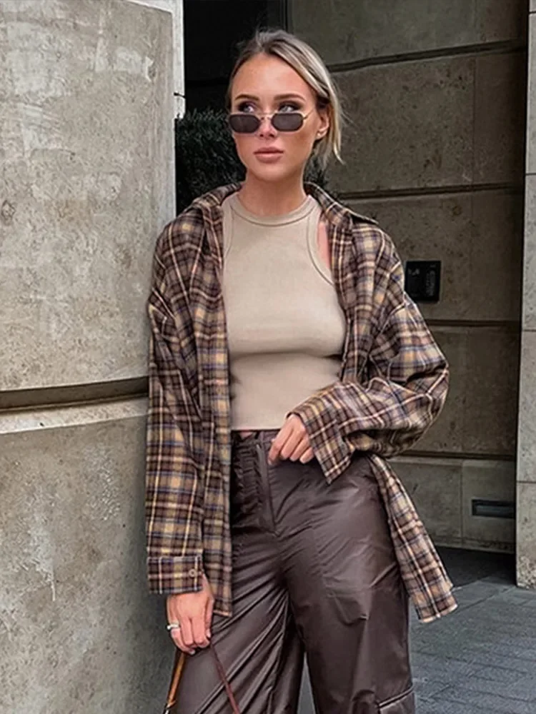 البلوزات البني منقوشة المرأة عادية كم طويل قمصان فضفاضة رفض طوق موضة ربيع الخريف مكتب سيدة الشارع الشهير