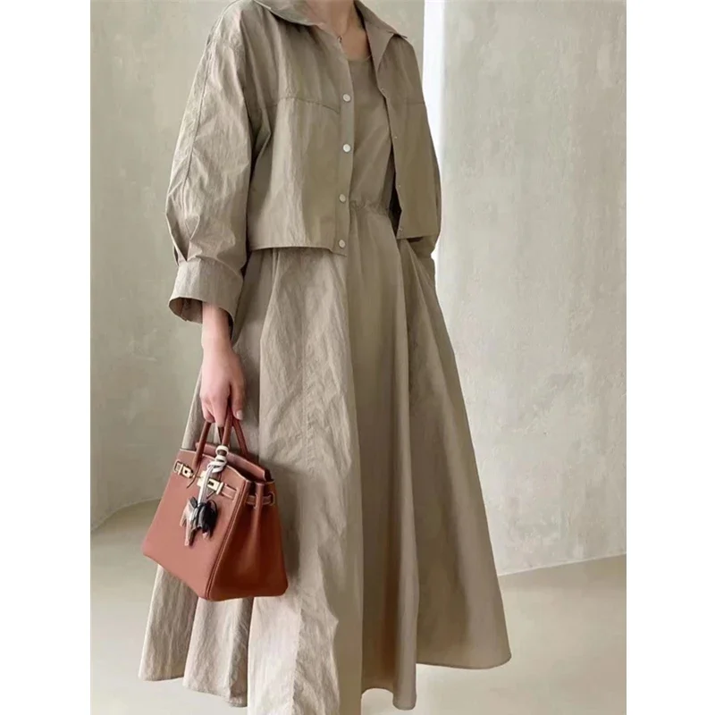 

Summer 2 Pieces Women's Dress Suits Turn-down Short Jacket and Solid Casual Tank Dress Sets Outfits 2024 New Spring