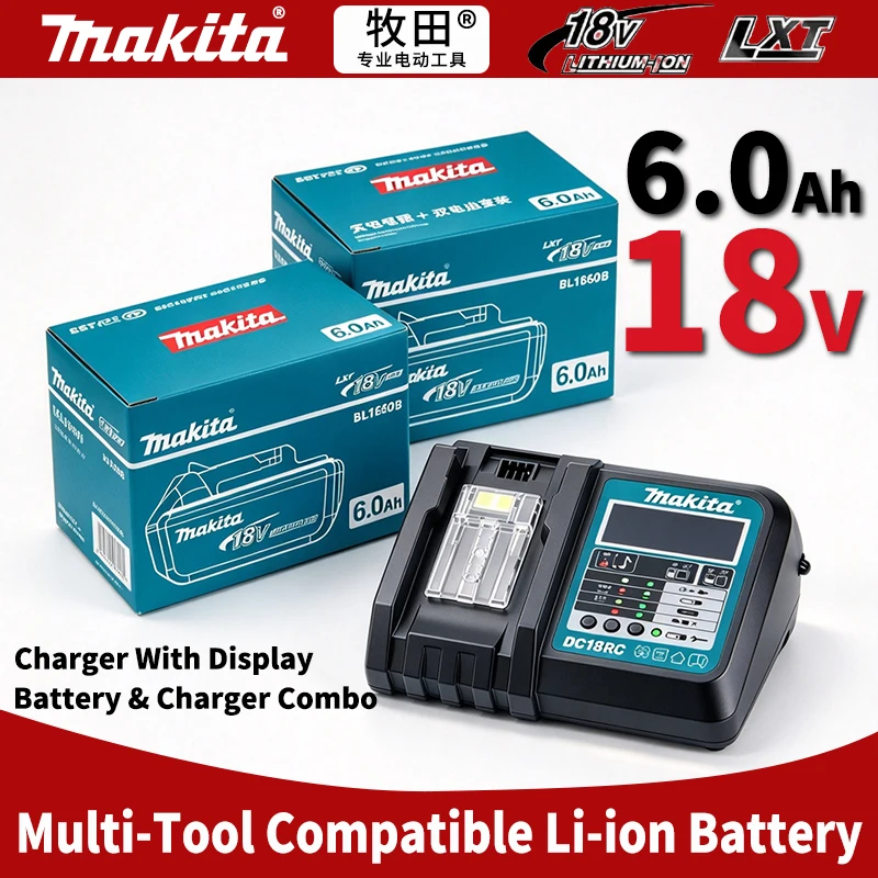 Kit 100 % original Makita BL1860B 18 V Lithium-Ion 6 Ah avec chargeur rapide DC18RC et jauge de niveau de batterie à LED pour les outils électriques sans fil DTD173 LXT
