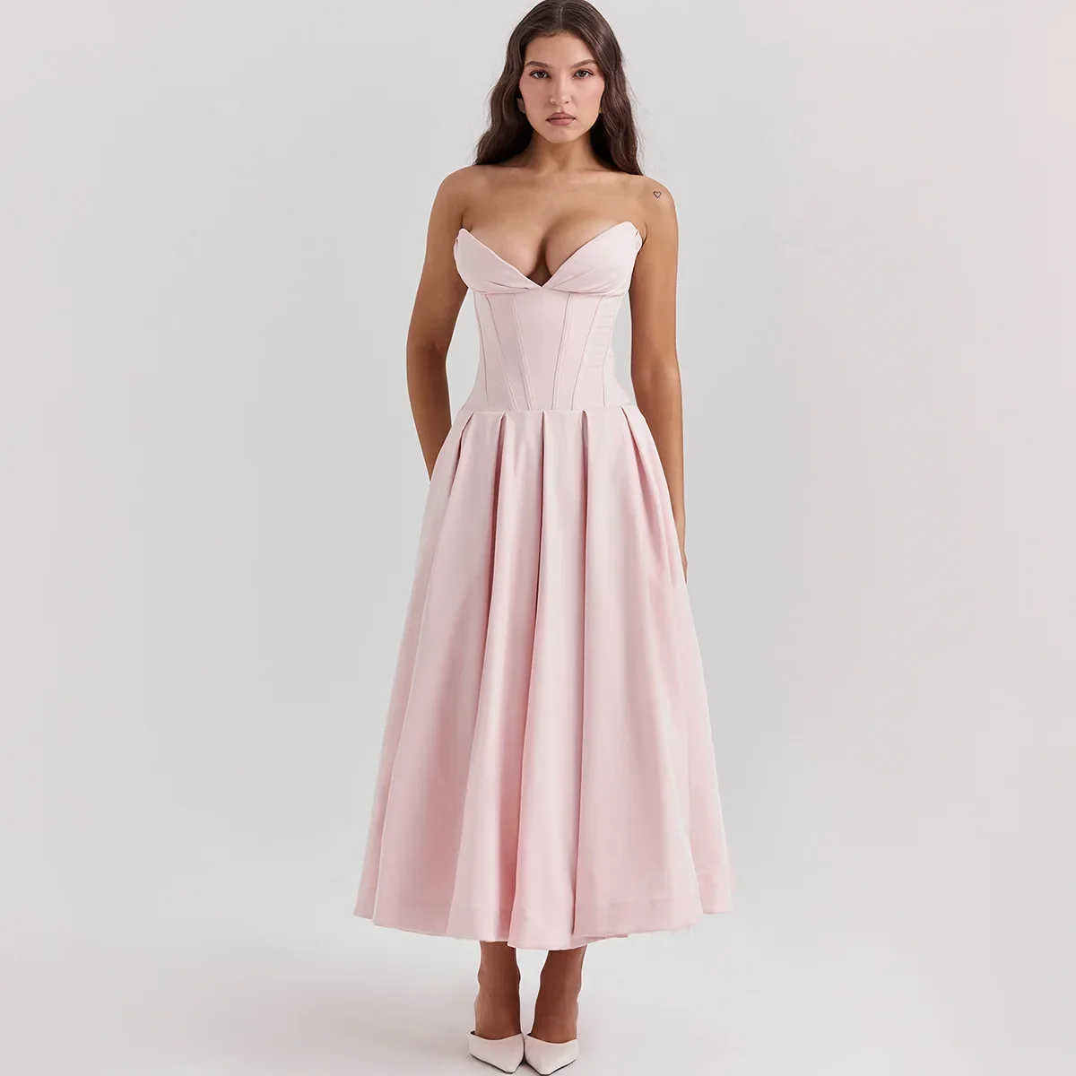 

Suninheart Fashion Summer Dresses 2024 Pink Strapless Wedding Guest Long Corset Dress Elegant Flare Party Dresses Women Clothing