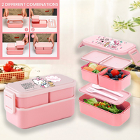 HelloKitty 2 Layer Bento Box with Fork Spoon Girl Portable Leak-proof Lunch Box Set Snack Food Storage Containers Microwave