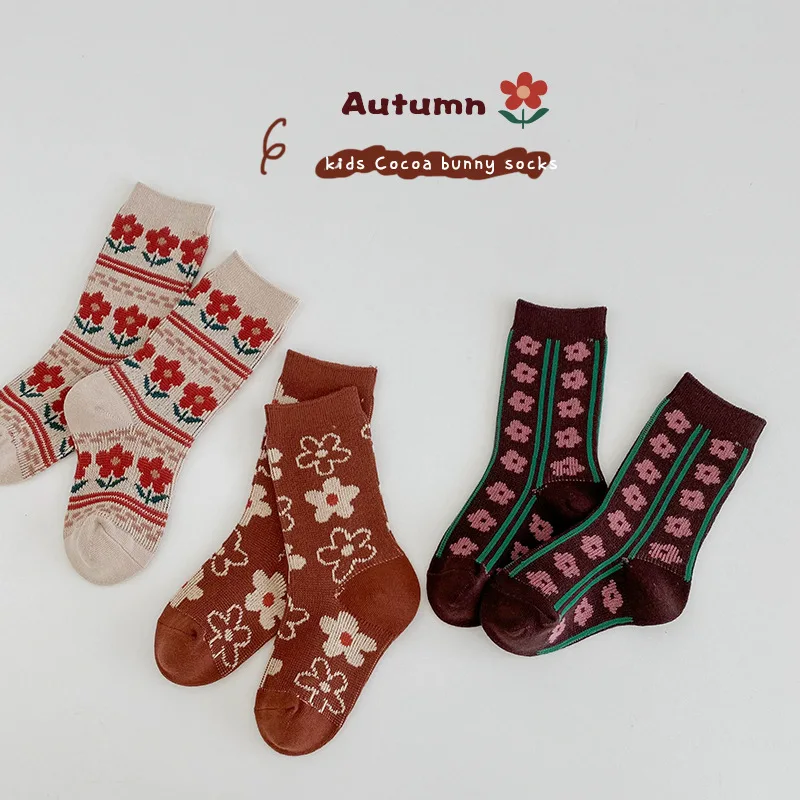 Girls Socks Kids 3-12T Baby Warm Cotton Socks Calf Length Spring Autumn Newest Vintage Pattern Flowers Socks For Children