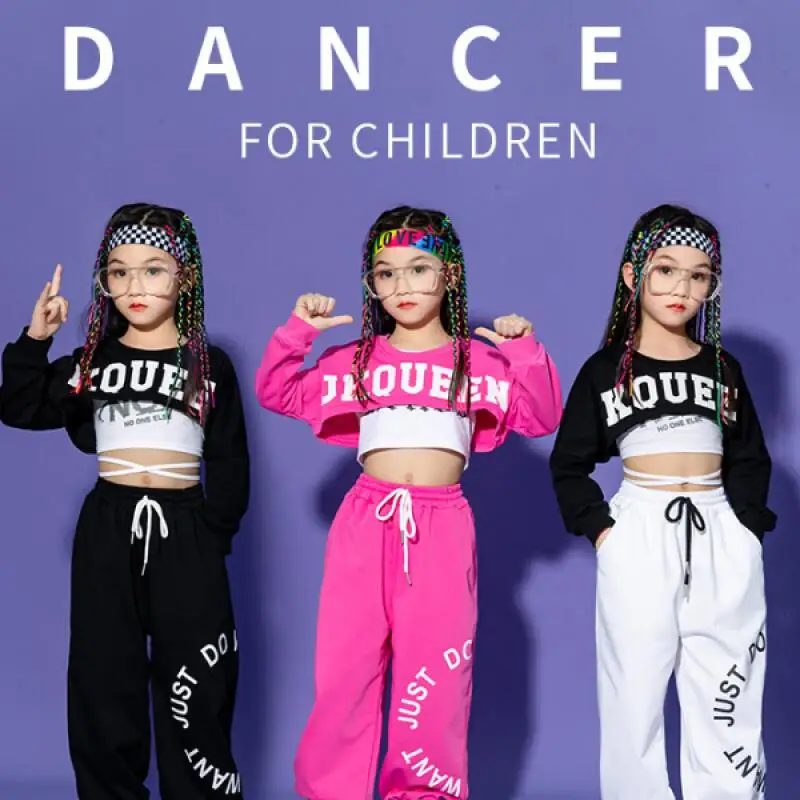 

Kawaii Girl Boy Fashion Midriff-Baring Performance Costume Sweatsuit Pants Set Student Casual Street Dance Costume 2-Piece Set