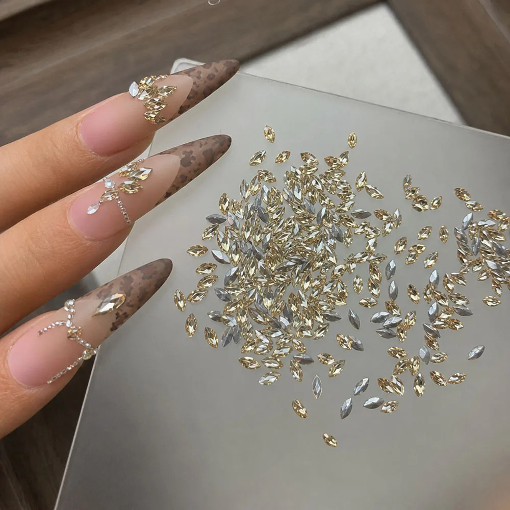 100PCS Marquise Cut Nail Art Rhinestones K9 Clear Crystal Flat Back Nail Gems Snowflake Wheat Ear Shape DIY Manicure Decoration*