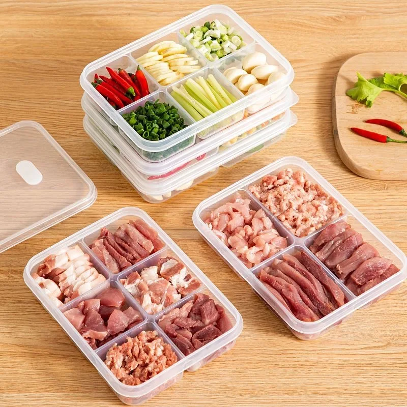 3Pcs 6Grid Food Storage Box Refrigerator Fresh-keeping Box Freezer Meat Grid Storage Container Kitchen Portioning Organizer