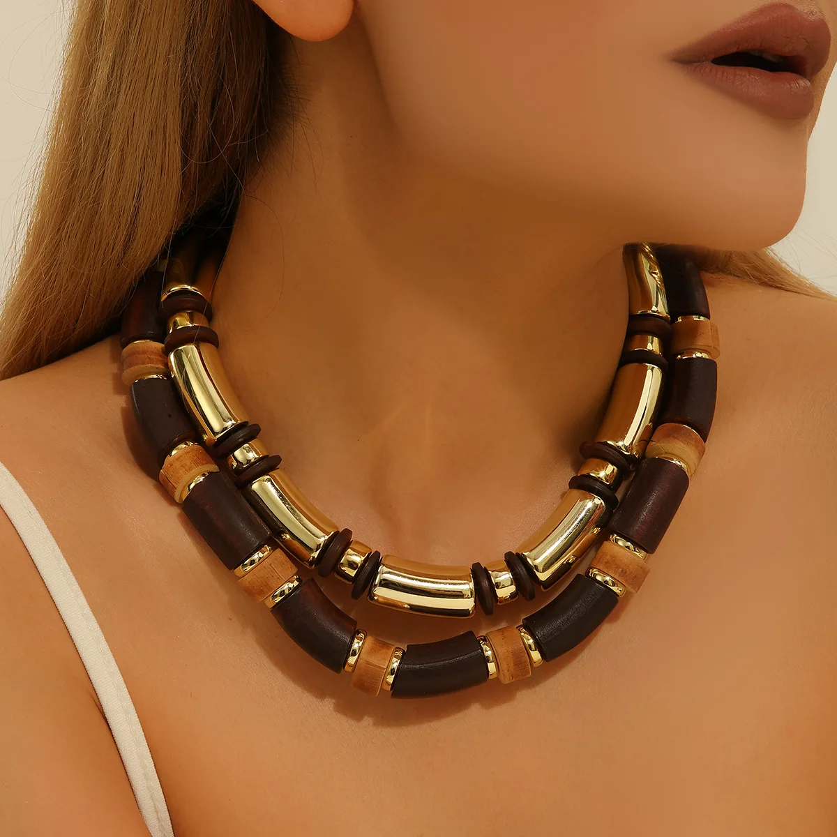 

Exaggerated multi-layer splicing retro bamboo joints beaded stacked wooden resin necklace bracelet set versatile accessories
