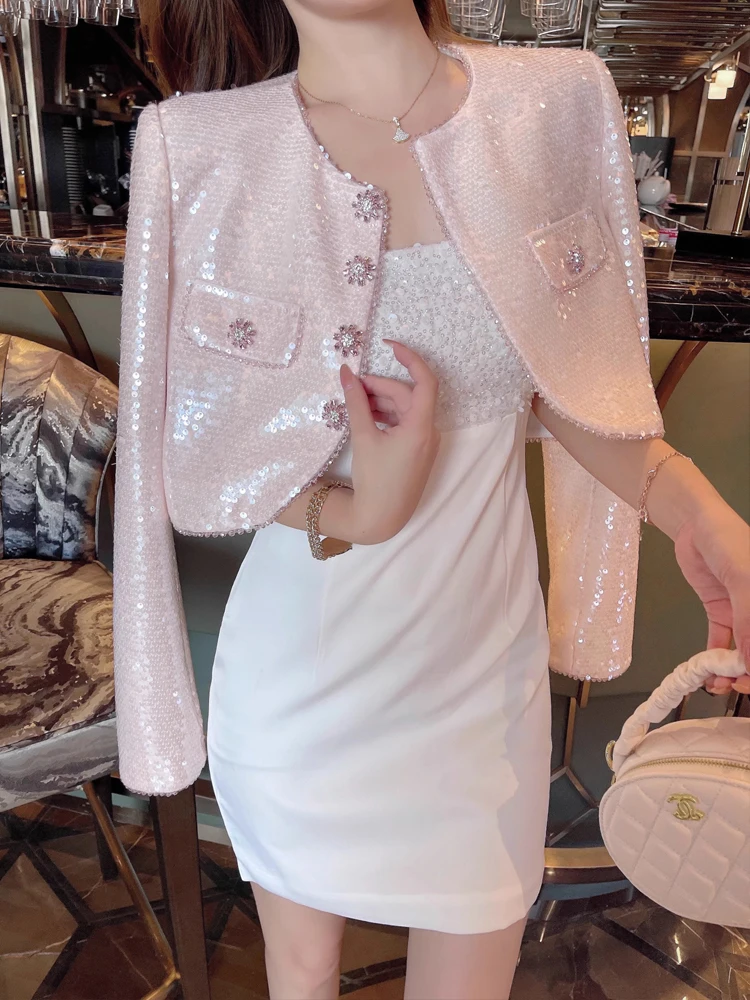 Stylish Sweet Women Sequined jacket Spring autumn Long sleeve Rhinestone buttons crop blazer coat White Pink Korean INKEO 3O267