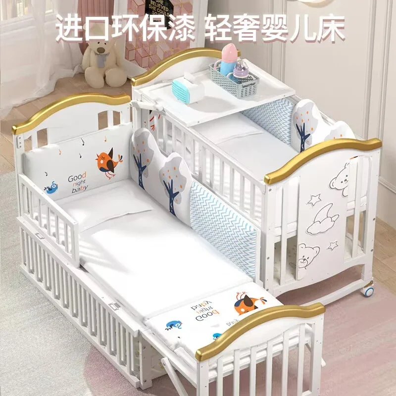 

Baby Crib Solid Wood Splicing Large Bed European Multifunctional Baby BB Cradle Newborn Baby Bed Movable