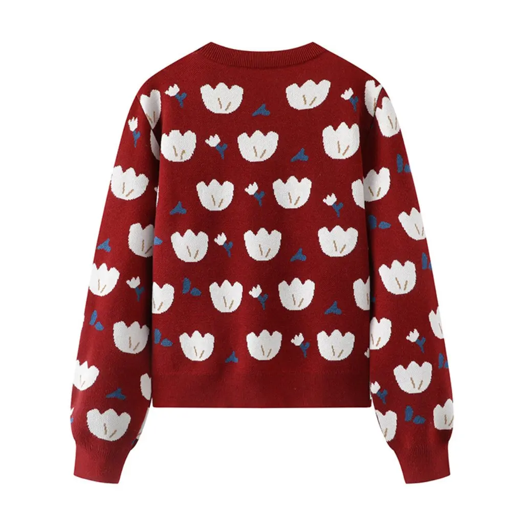 

European And American Women's Red Jacquard Crewneck Sweater 00AA-5011 Wholesale Spring New Base Shirt Top