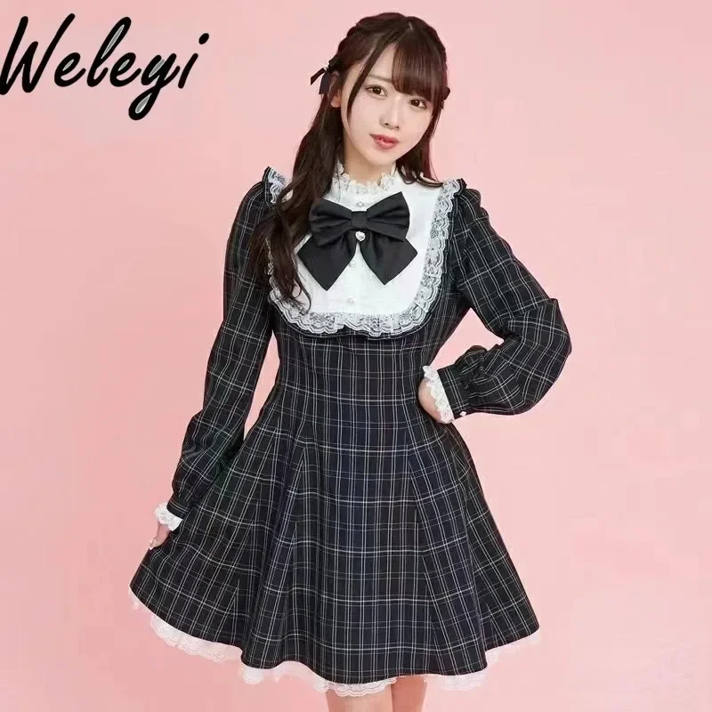 

Lolita Women's Dresses Japanese Style 2024 Spring New Sweet Versatile Plaid Bow Lace Fake Two Piece Long Sleeved A Line Sukienka