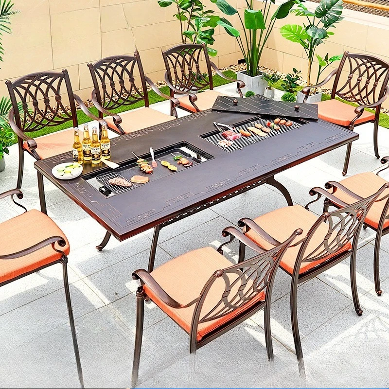 Garden smokeless electric barbecue dining table, villa garden waterproof and sunscreen cast aluminum tables and chairs
