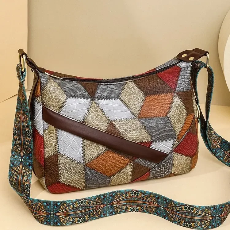 Retro Single Shoulder Crossbody Bag with Color Blocking and Large Capacity Soft Leather for Women