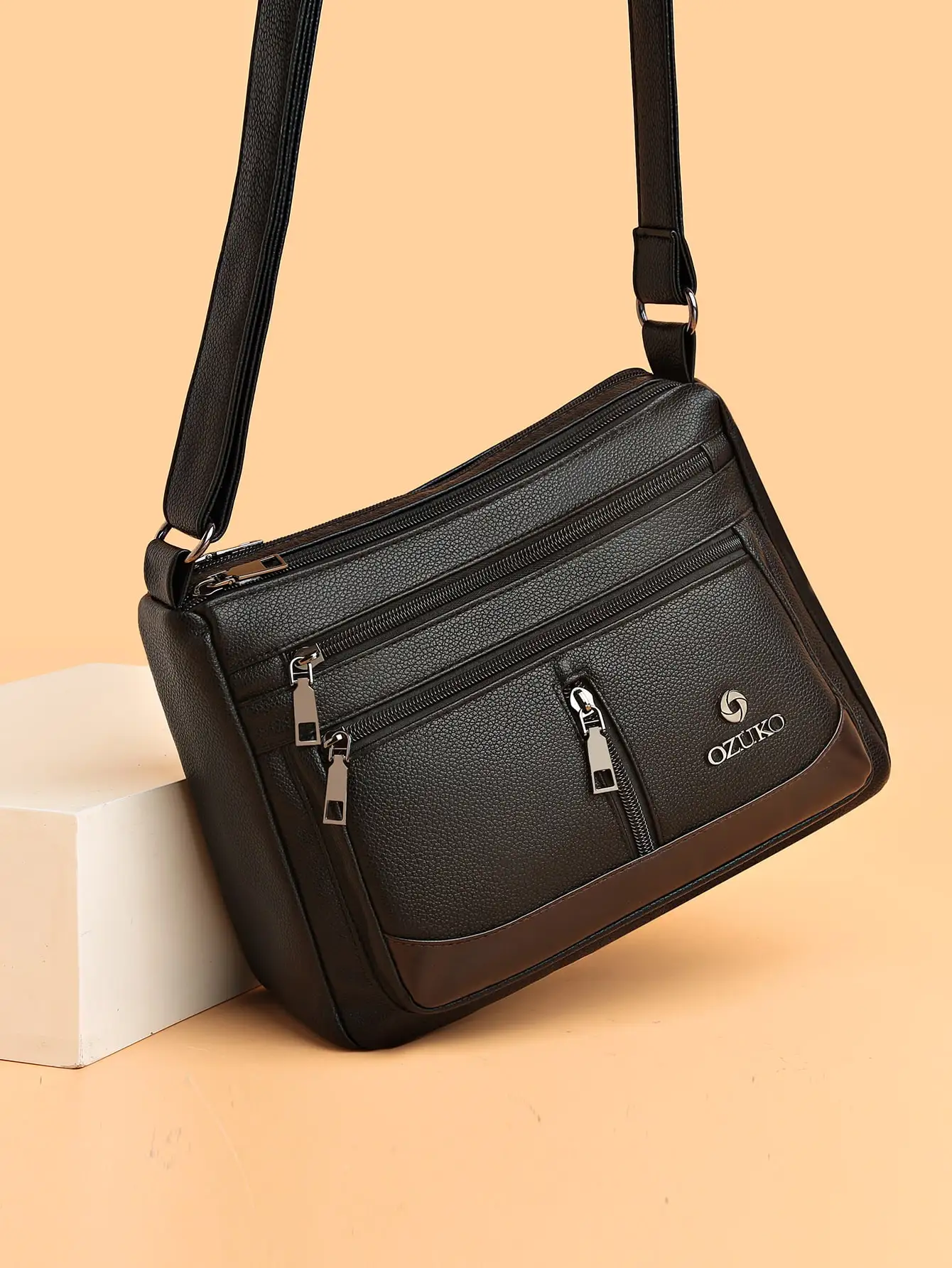 

Black Textured Faux Leather Crossbody Bag with Multiple Zippered Pockets