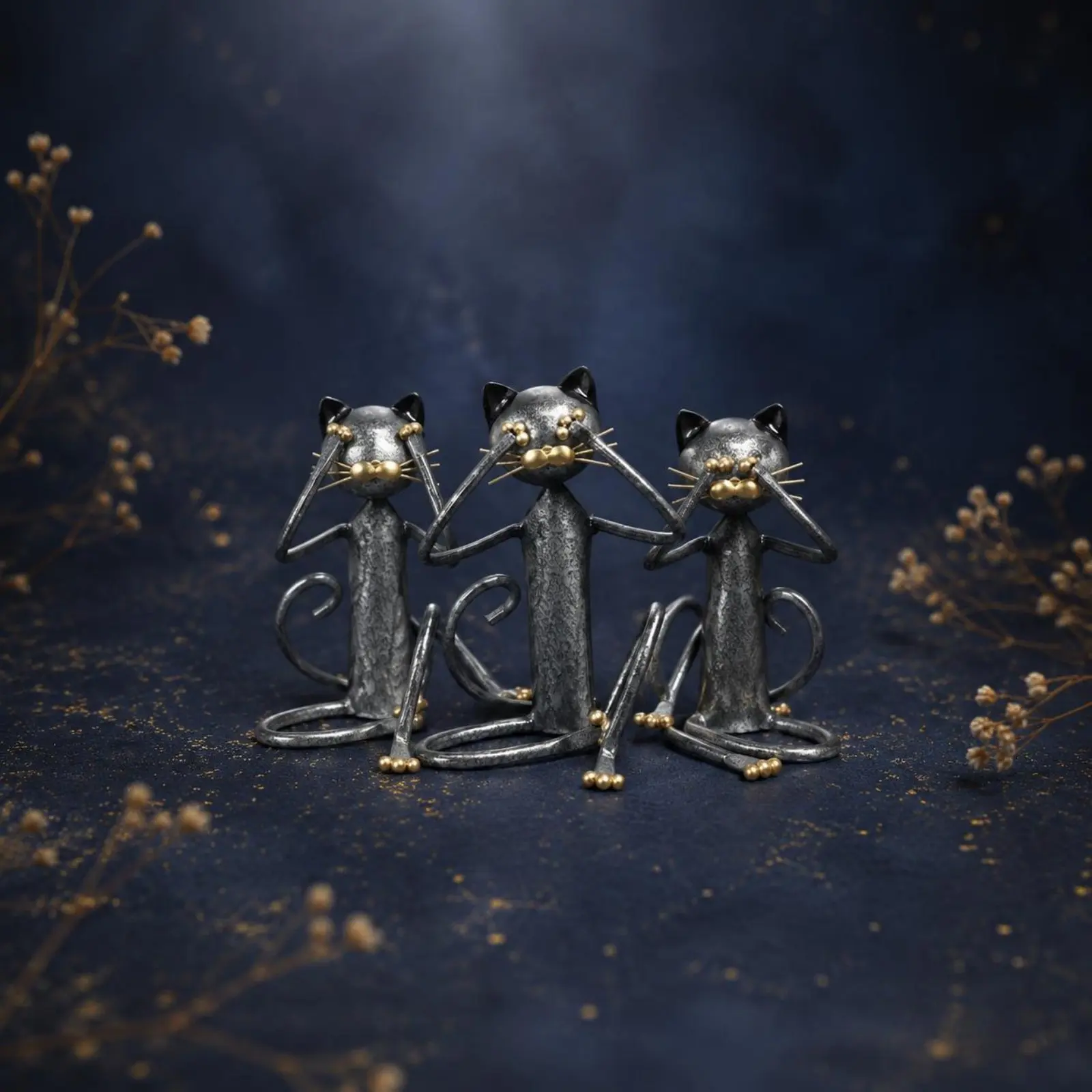 3 Pieces Metal Feline Statue Creative Design Feline Figurine Set Vintage Kitten Sculpture Antique Charm Tabletop Ornament