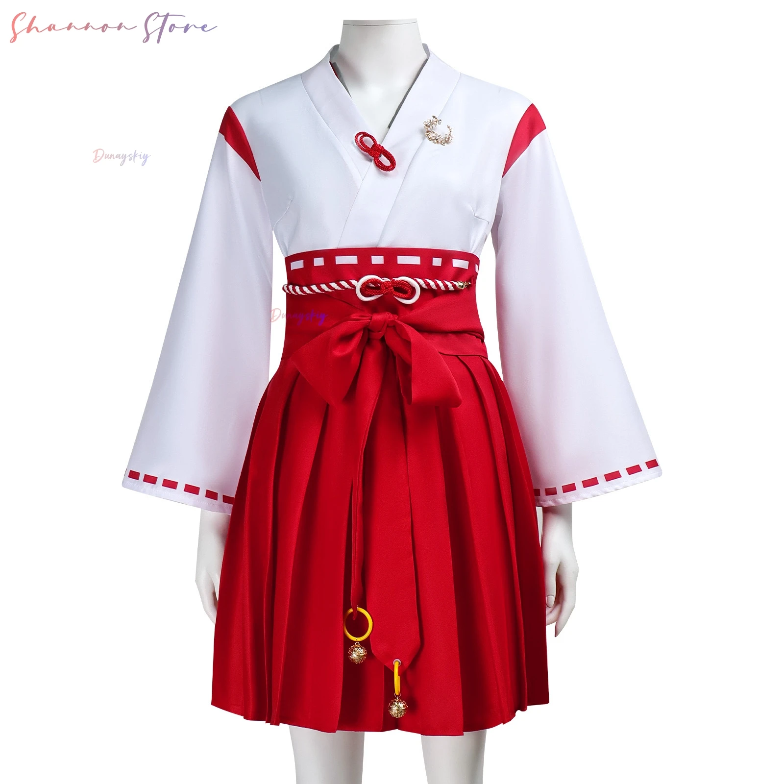 كوسبلاي سايلنت هيل كوسبروفе- فستان كيمونو ياباني أحمر-أبيض وحزام على شكل فيونكة وإكسسوارات جرس، رداء الهالوين ملابس الحفلات