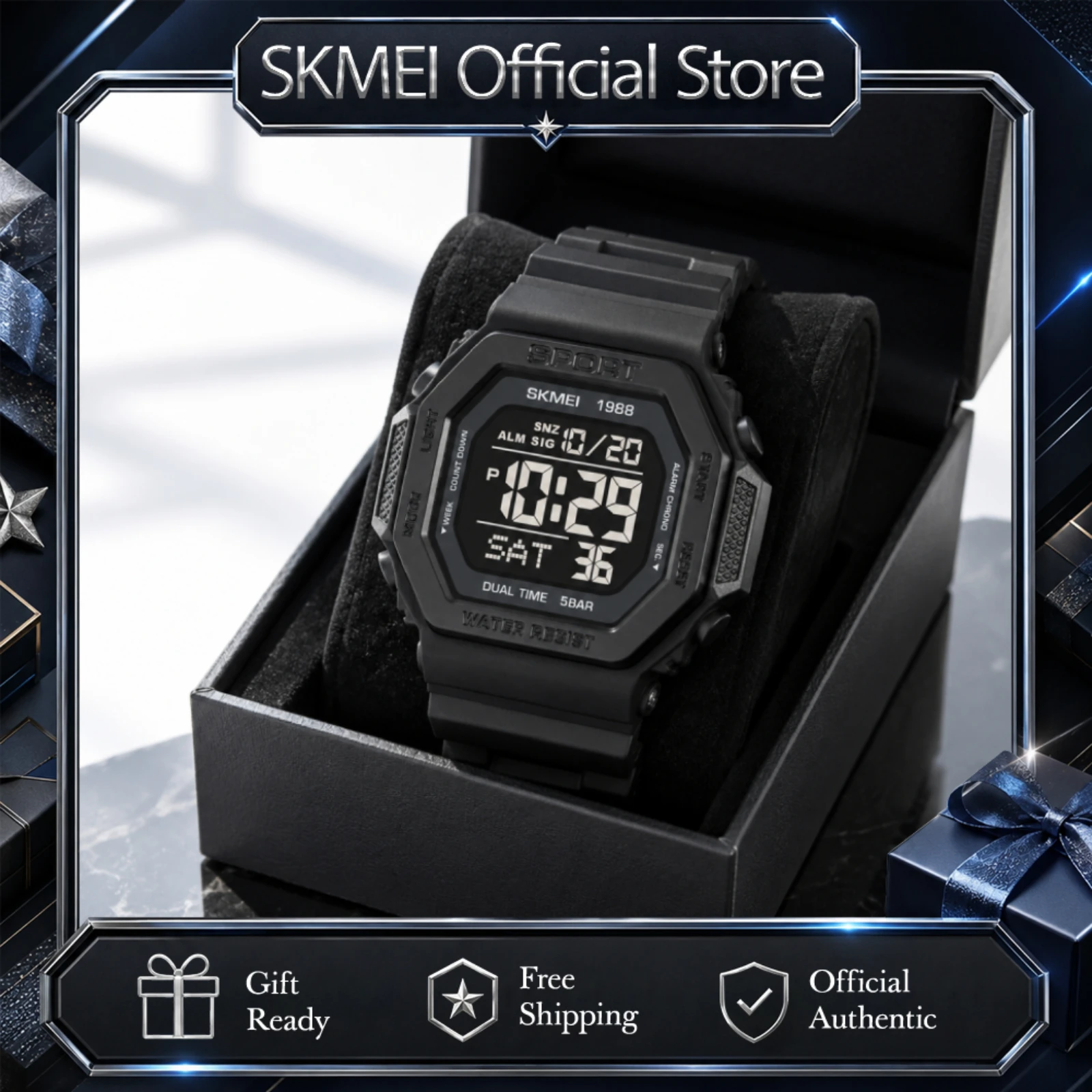 SKMEI 1988 Fashion Digital Sports Watch For Men Women 5Bar Waterproof Countdown Chrono Military Wristwatch Bracelet Reloj Hombre